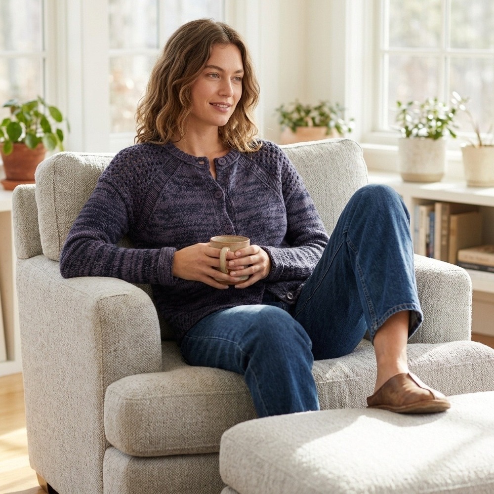 Inhabit Womens Soft Girl 100% Cashmere Boxy Cardigan Purple Marled Pointelle S